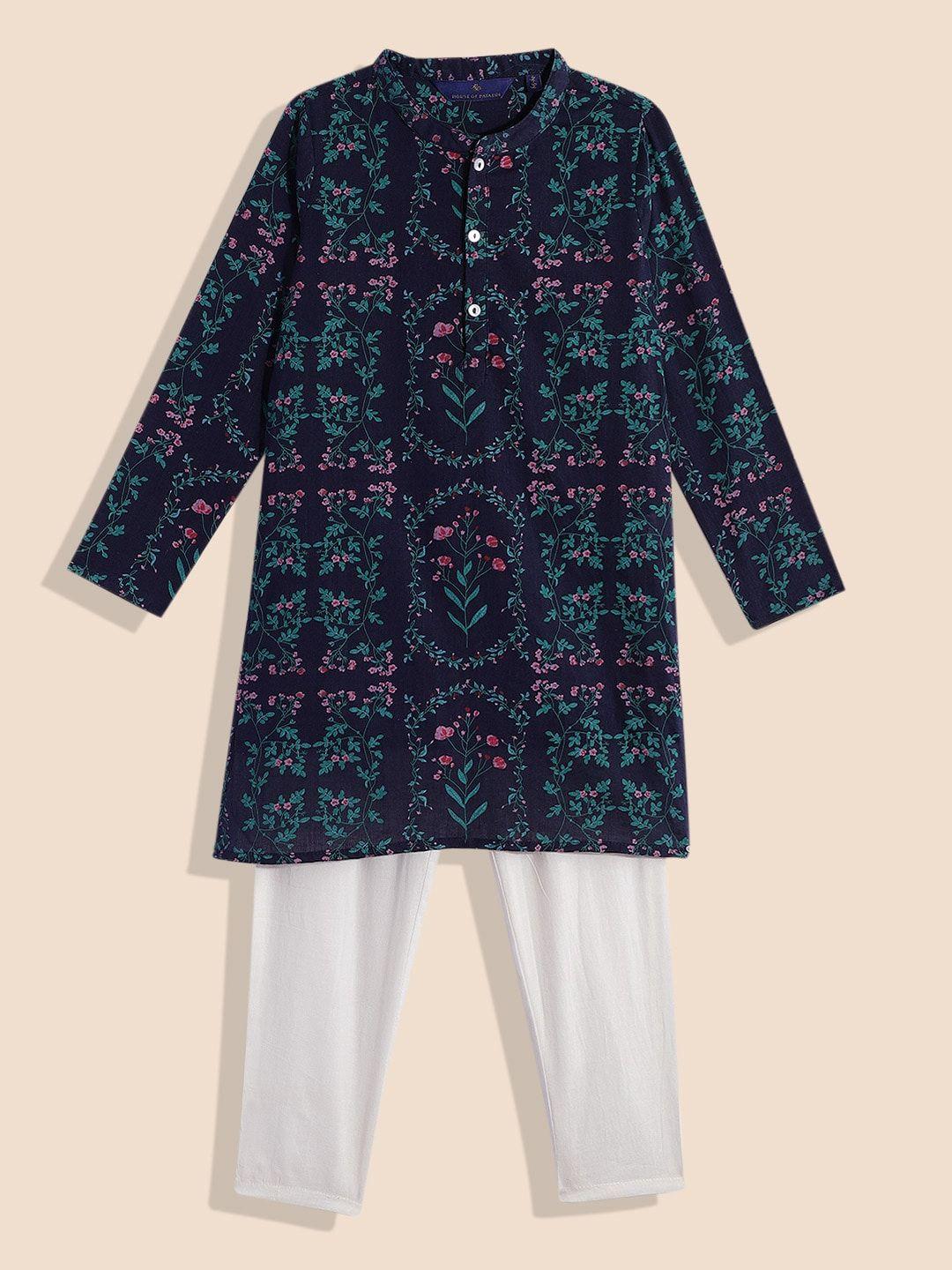 house-of-pataudi-boys-floral-print-mandarin-collar-pure-cotton-rozana-kurta-with-pyjamas
