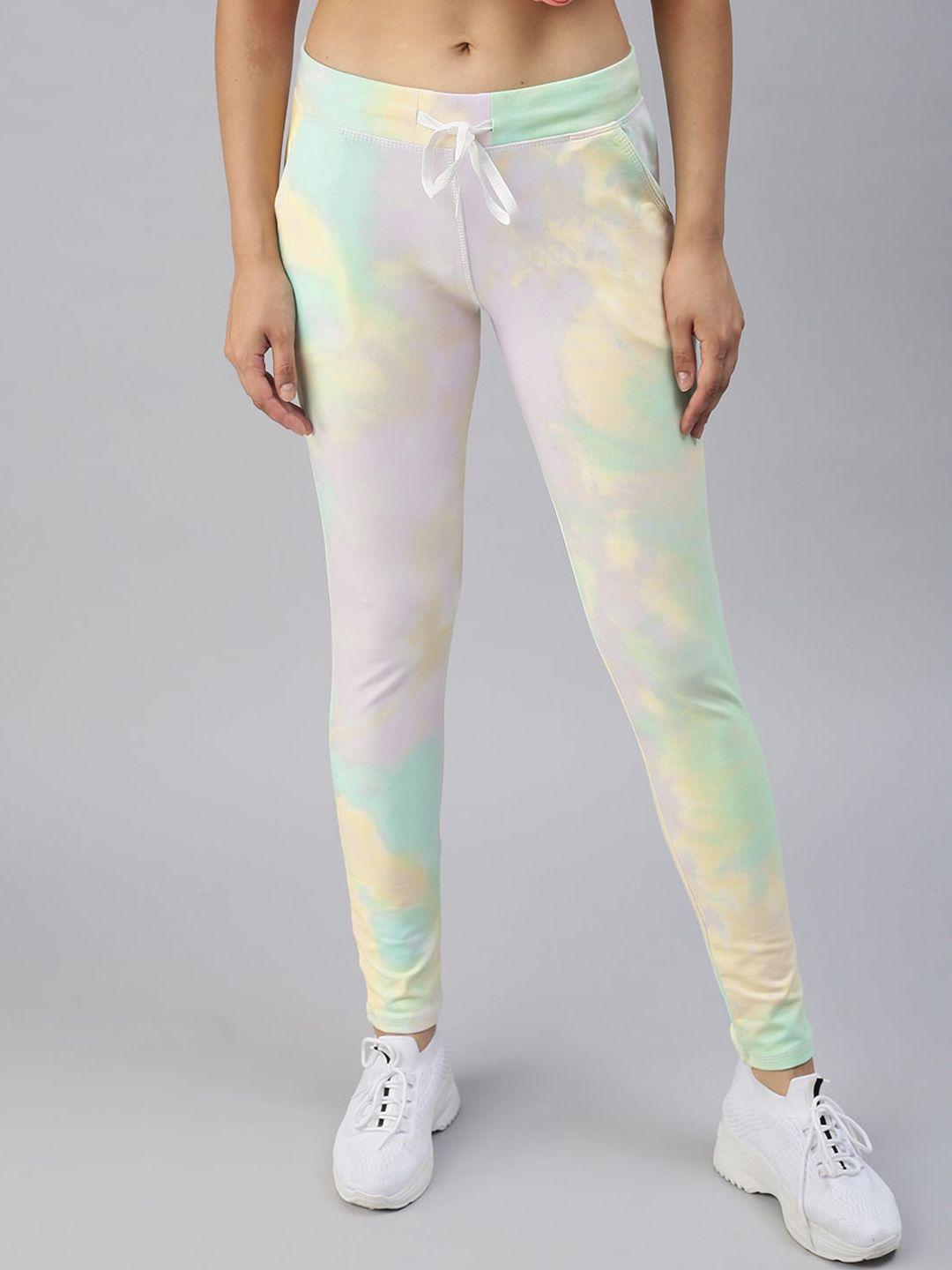SHOWOFF Women White & Green Printed Cotton Slim-Fit Track Pants