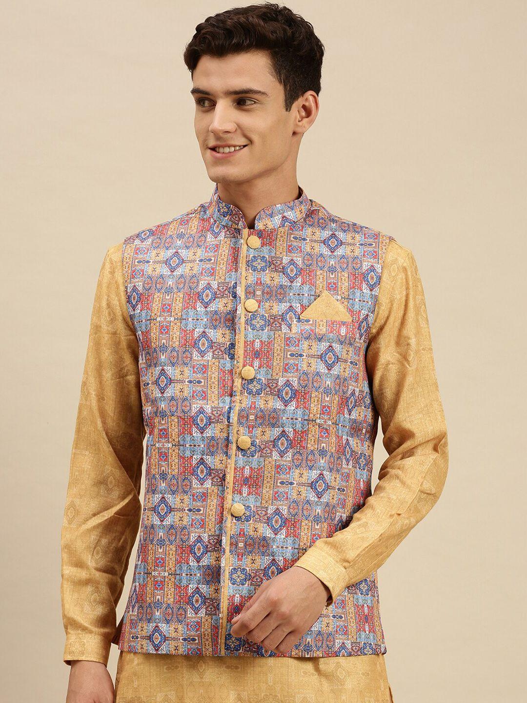 sanwara-men-beige-printed-kurta-with-pyjamas-&-nehru-jacket
