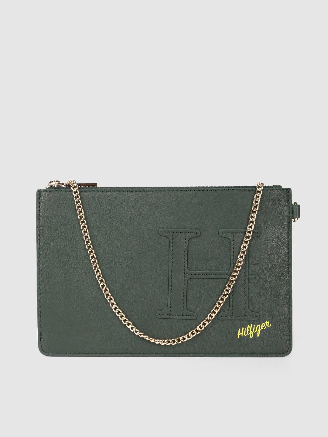 Tommy Hilfiger Olive Green Leather Structured Sling Bag with Brand Logo Applique Detail