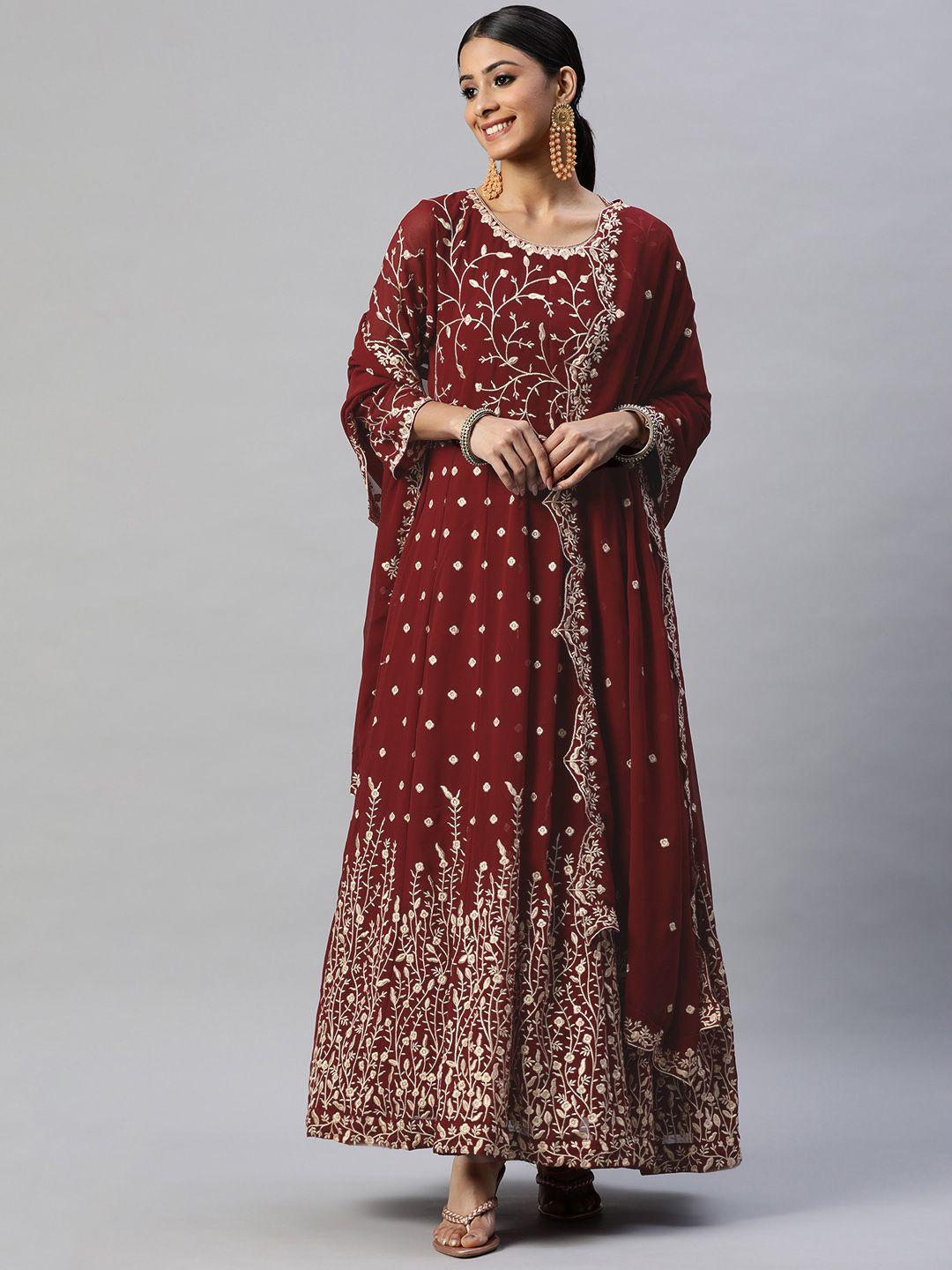 Readiprint Fashions Maroon & Golden Embroidered Semi-Stitched Dress Material
