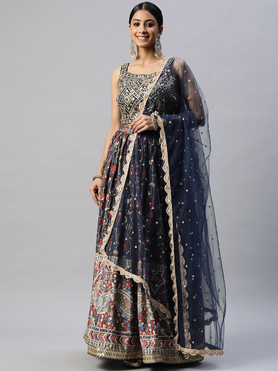 Readiprint Fashions Navy Blue & Golden Sequinned Unstitched Lehenga & Blouse With Dupatta