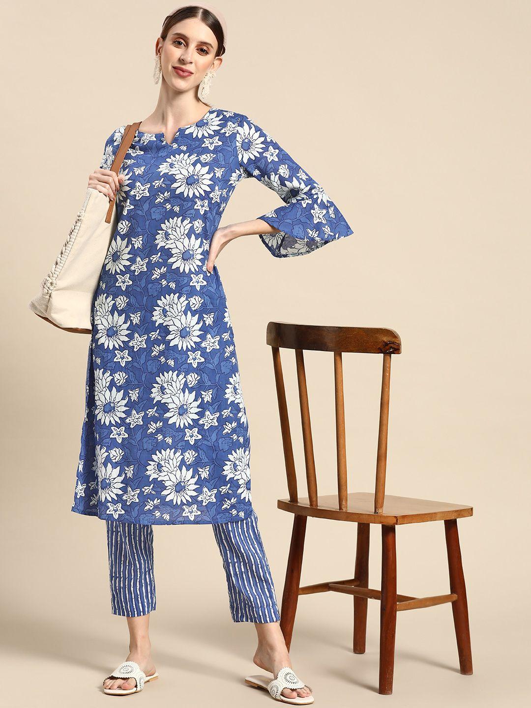 Sangria Women Blue & White Floral Printed Pure Cotton Kurta with Trousers