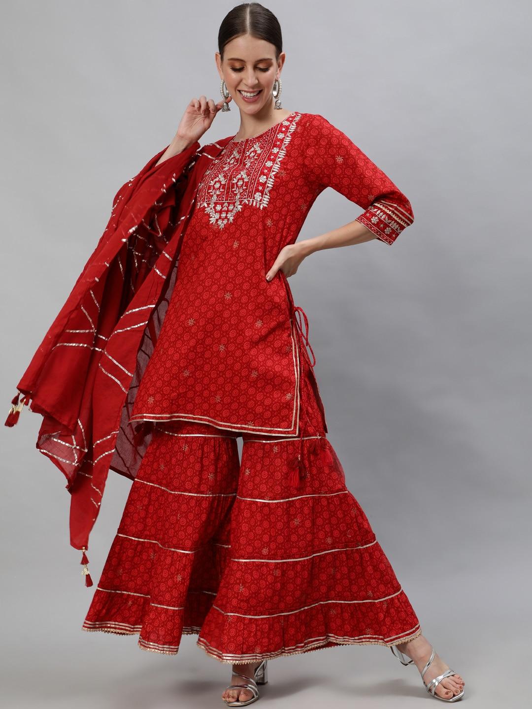 Ishin Women Maroon Ethnic Motifs Yoke Design Panelled Kurta with Sharara & With Dupatta
