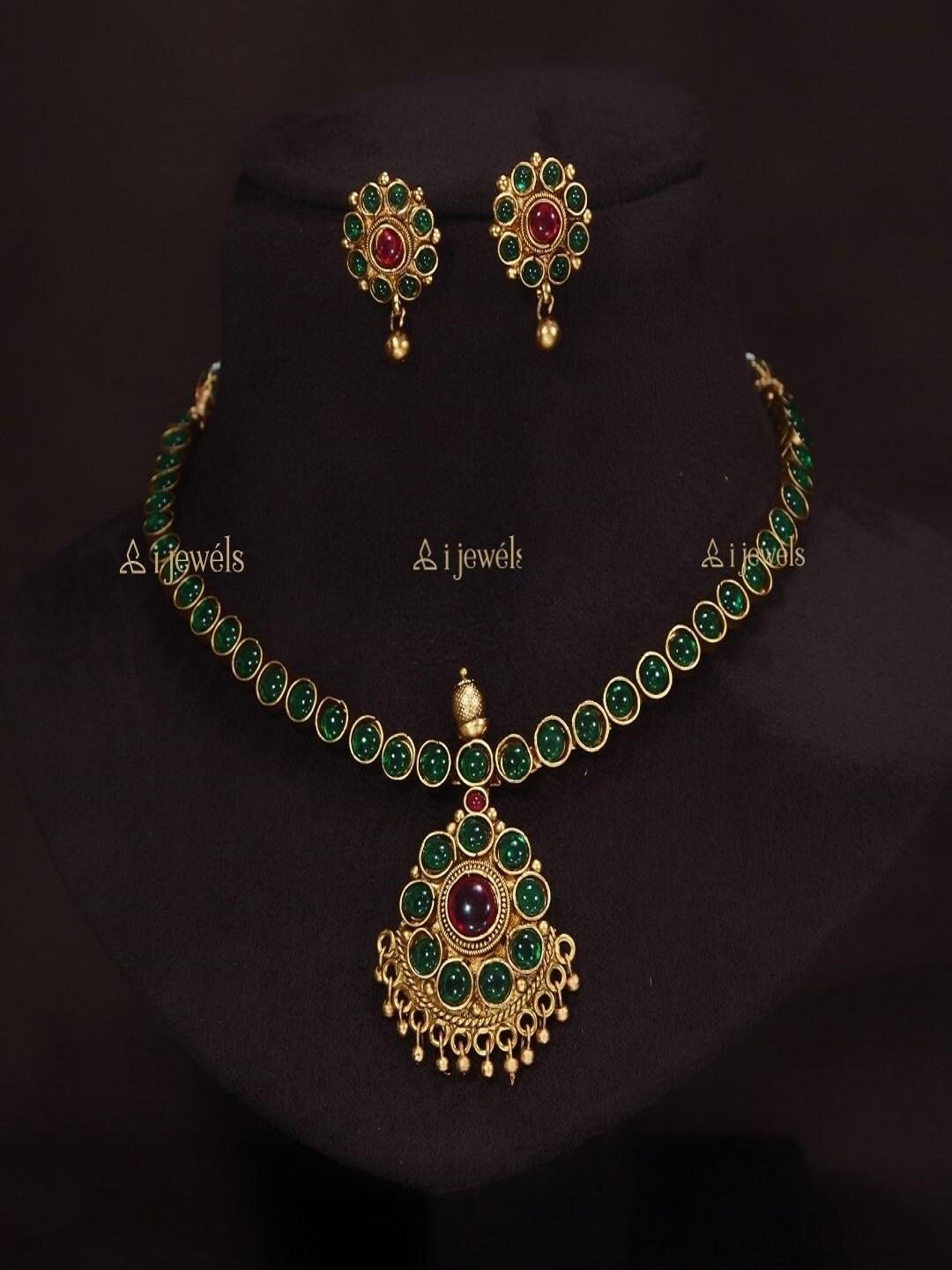 I Jewels Gold-Plated & Green Floral Studded Jewellery Set