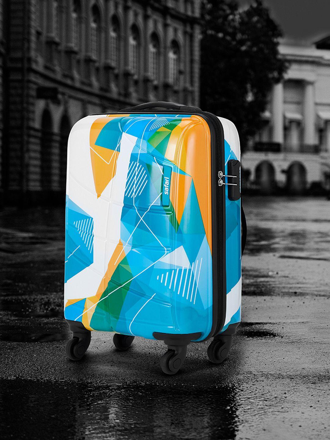 Safari Blue & White Printed Hard-Sided Cabin Trolley Suitcase