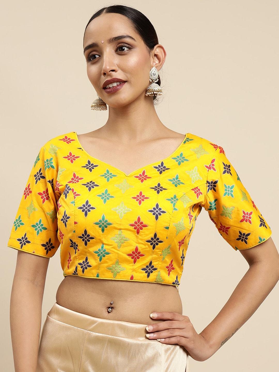 mimosa-women-yellow-woven-design-silk-sweetheart-neck-blouse