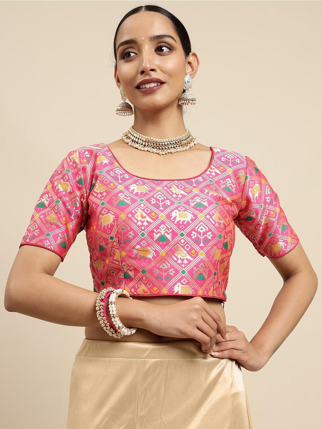 MIMOSA Pink & White Woven Design  Readymade Saree Blouse
