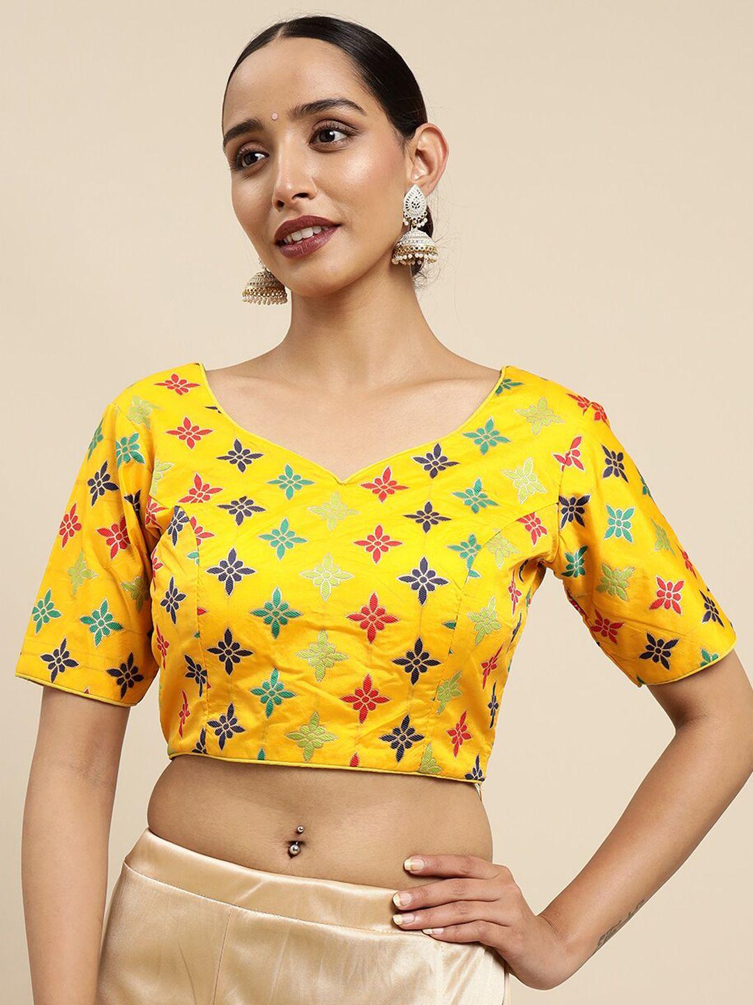 Mimosa Women Yellow & Red Woven Design Silk Saree Blouse