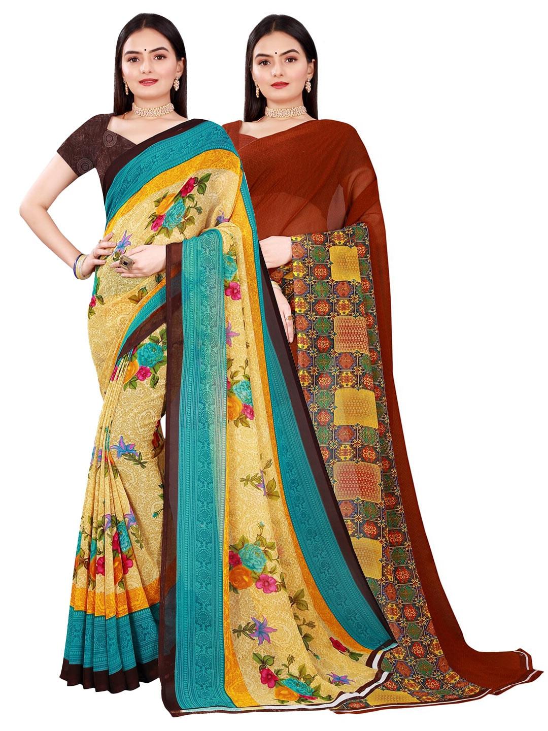 Florence Yellow & Maroon Set of 2 Pure Georgette Saree