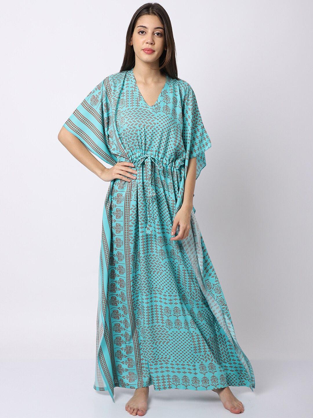 Claura Turquoise Blue Printed Maxi Nightdress