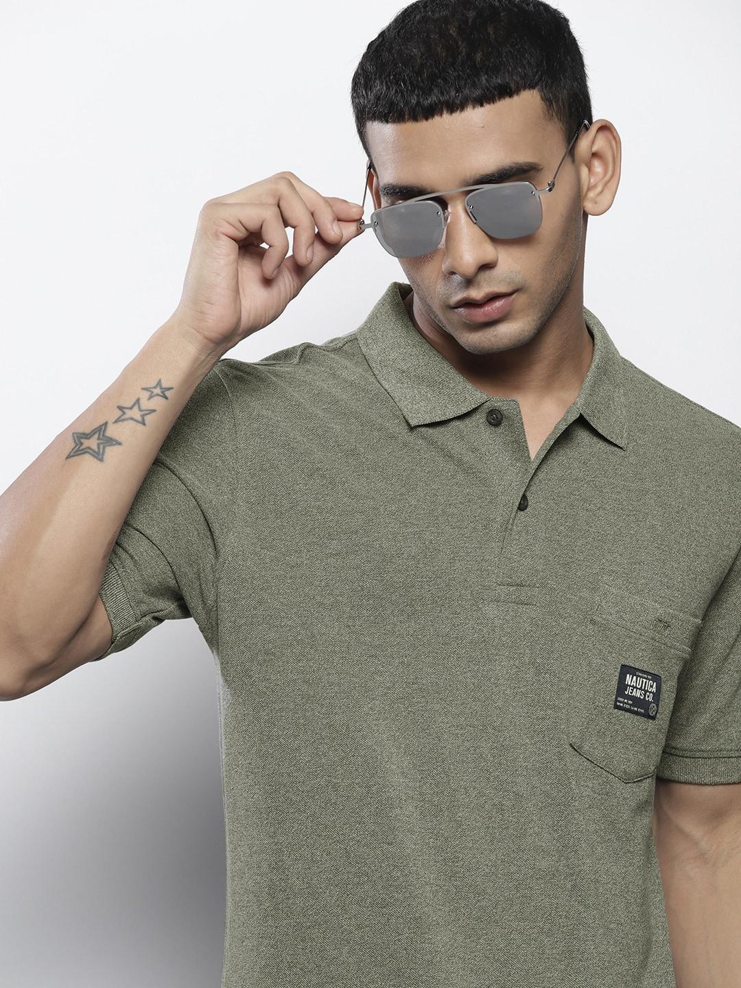 Nautica Men Green Solid Polo Collar Pure Cotton T-shirt