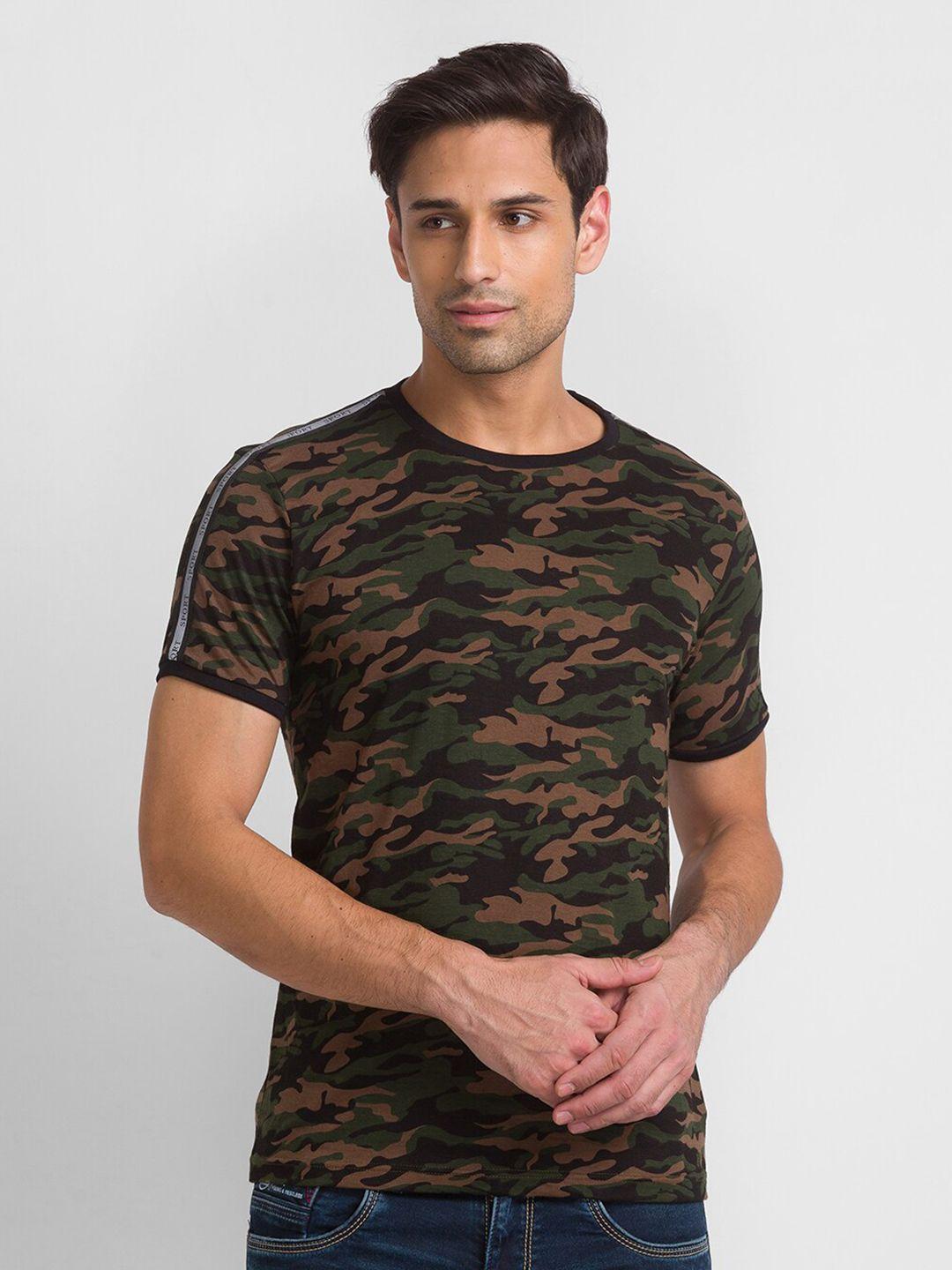 Globus Men Olive Green Camouflage Printed Cotton T-shirt
