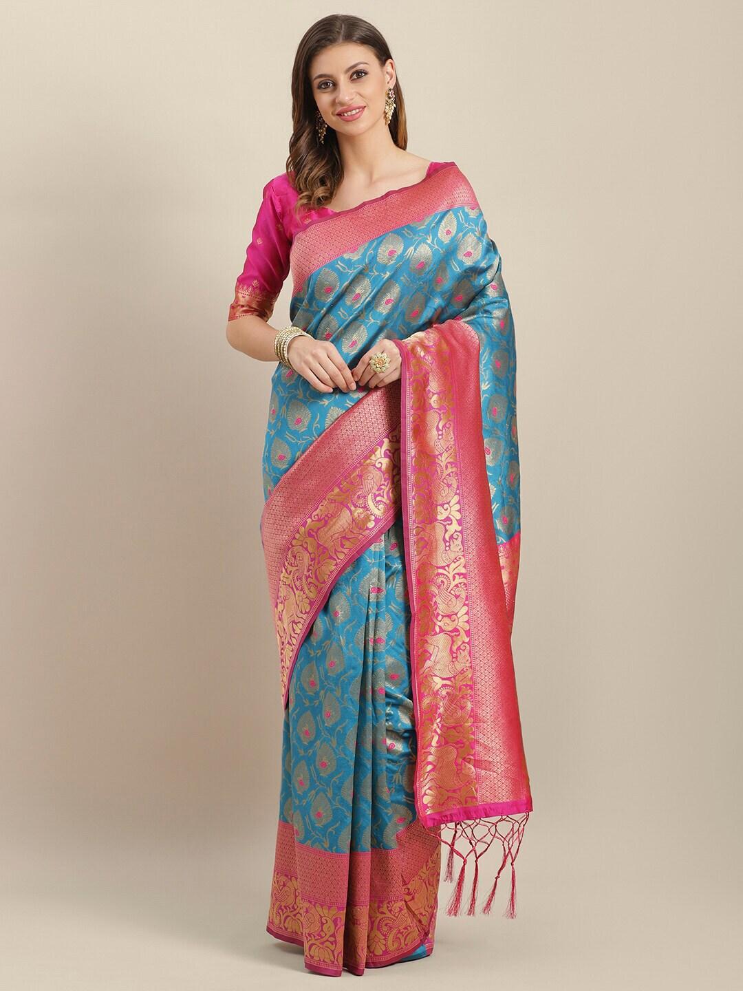 Saree mall Blue & Pink Ethnic Motifs Zari Silk Blend Sarees