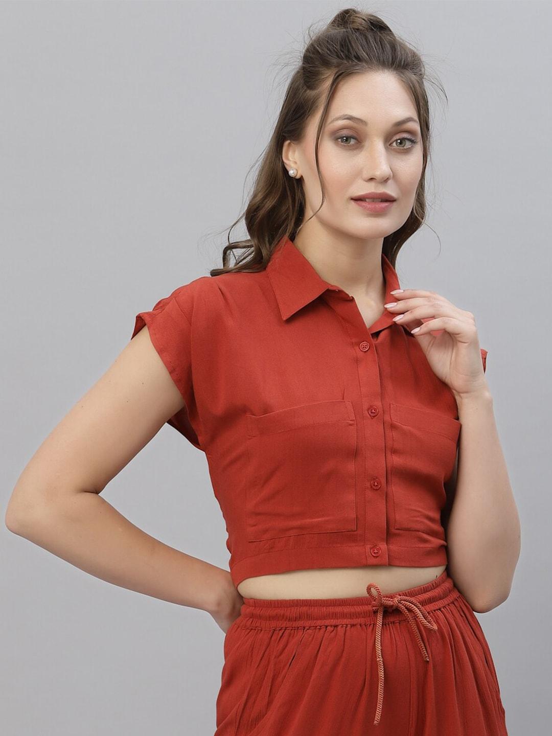 kassually-women-rust-solid-crop-boxy-casual-shirt