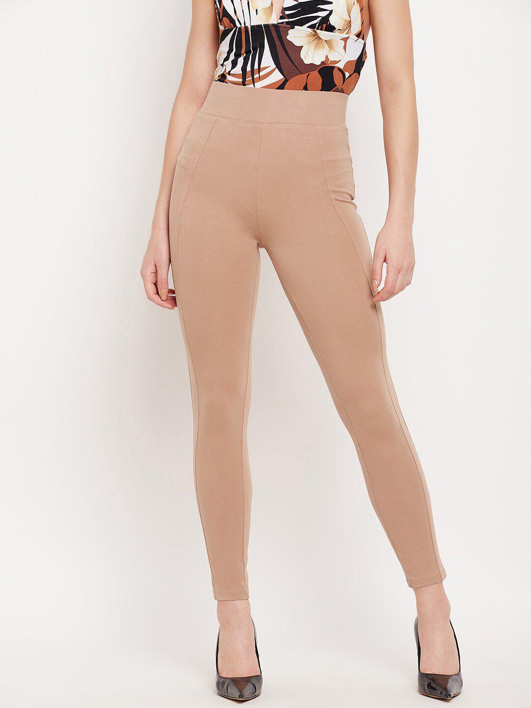 Madame Women Camel Brown Solid Cotton Jeggings