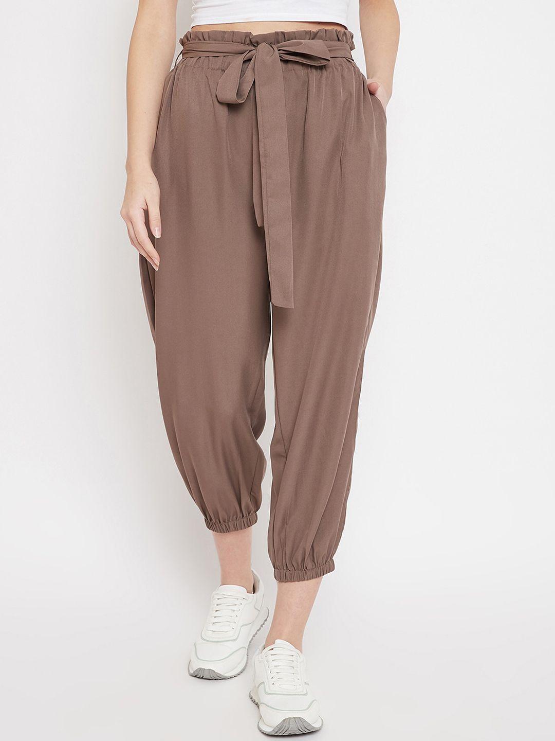Color Cocktail Women Brown Pleated Joggers Trousers