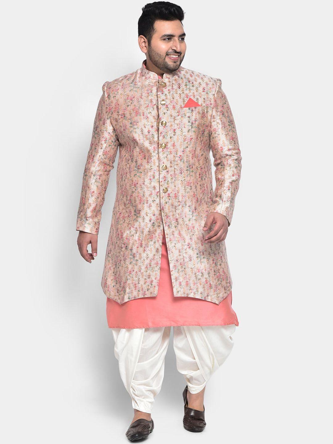 KISAH PLUS Men Peach Coloured & White Printed Sherwani Set