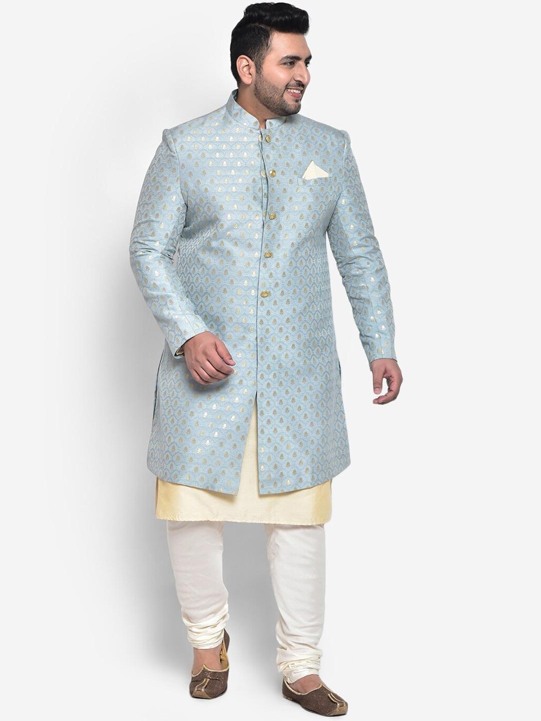 kisah-plus-men-beige-woven-design-sherwani-set