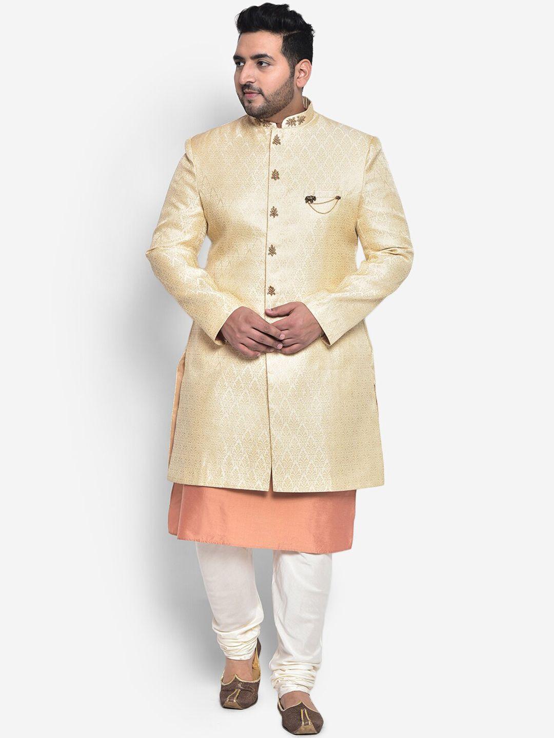 kisah-plus-men-cream-coloured-&-orange-self-design-sherwani-set