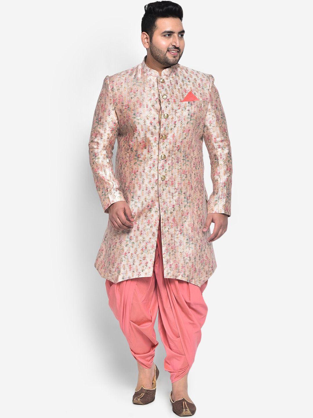 KISAH PLUS Men Pink & Beige Printed Silk Sherwani