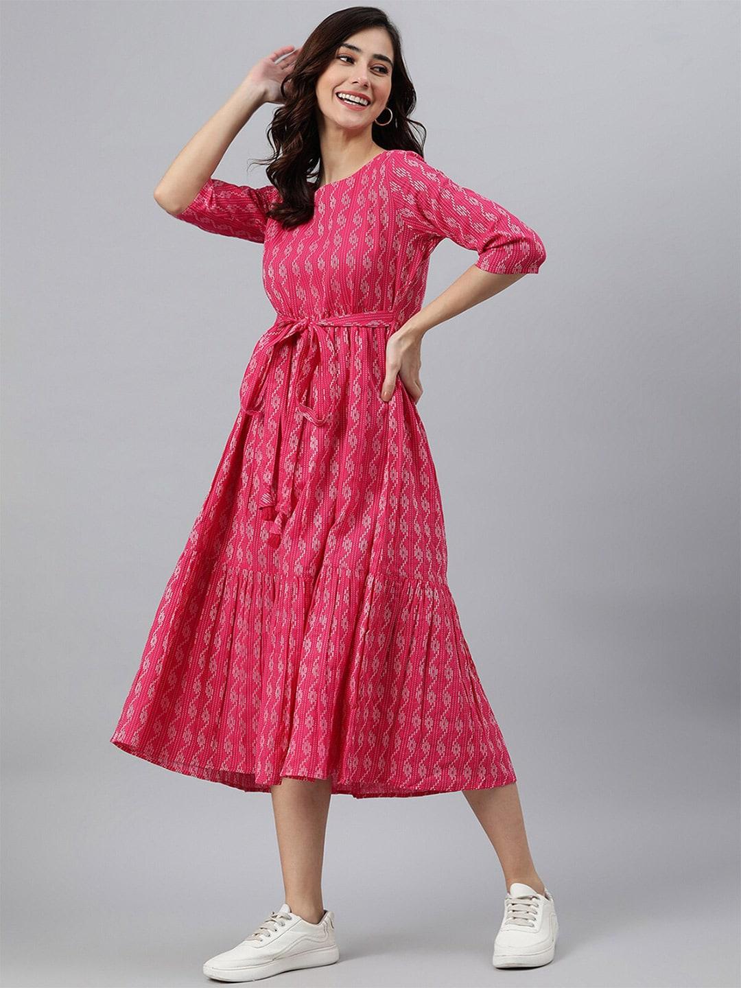 Janasya Pink Ethnic Motifs Midi Dress