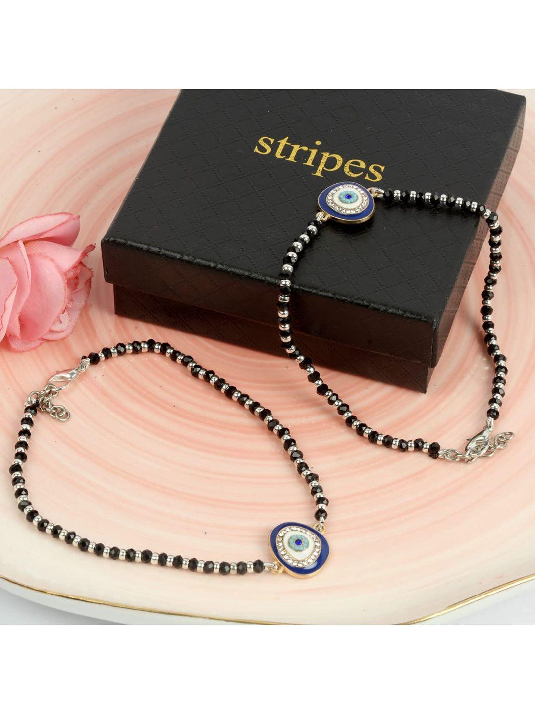 stripes Set of 2 Stainless Steel Silver-Plated Black & Blue Beaded Evil Eye Handcrafted Anklet