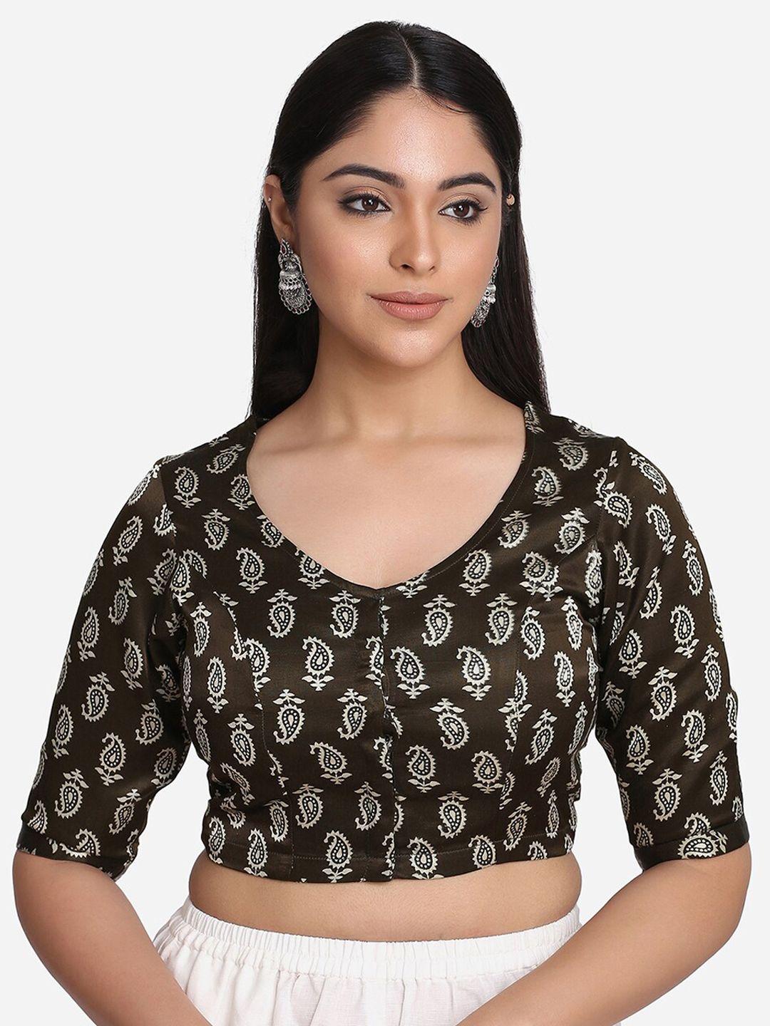 the-weave-traveller-olive-green-printed-v-neck-ready-made-blouse