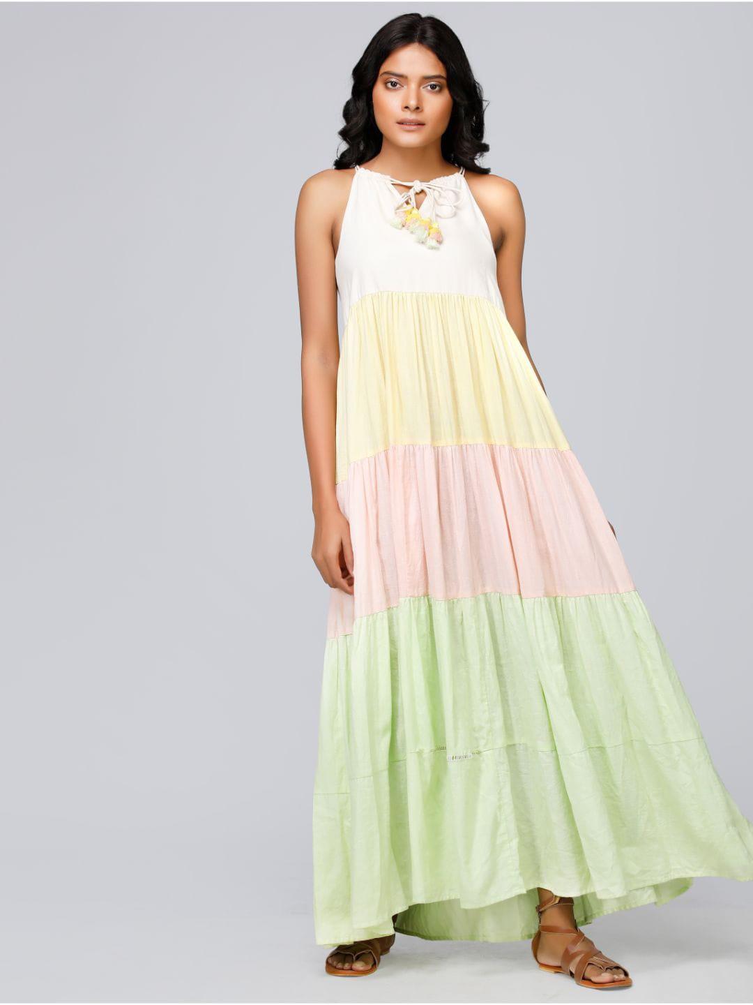 RENTIYO Women Multicoloured Khadi Sleeveless Tiered Maxi Dress