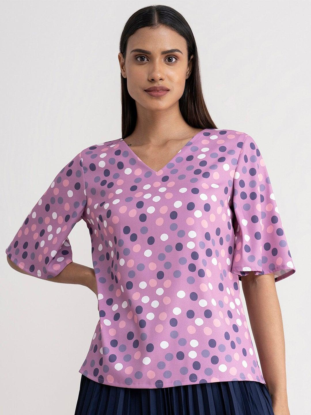 fablestreet-women-purple-polka-dot-printed-bell-sleeve-top