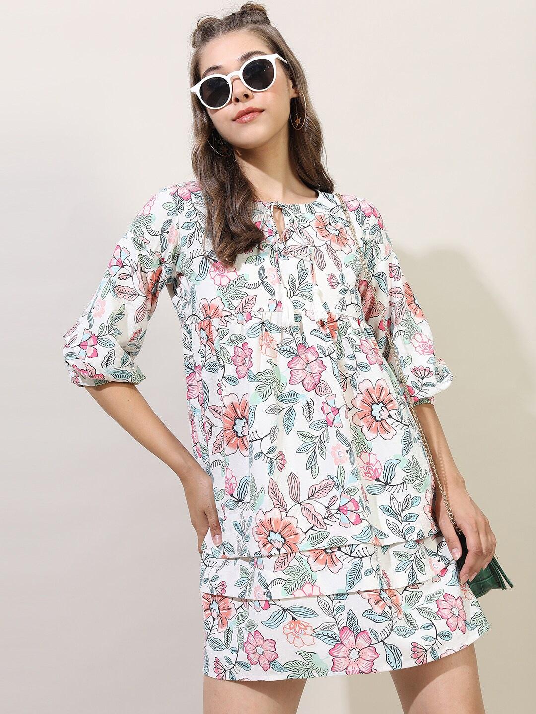 Tokyo Talkies Women White & Green Floral Printed Tie-Up Neck A-Line Dress
