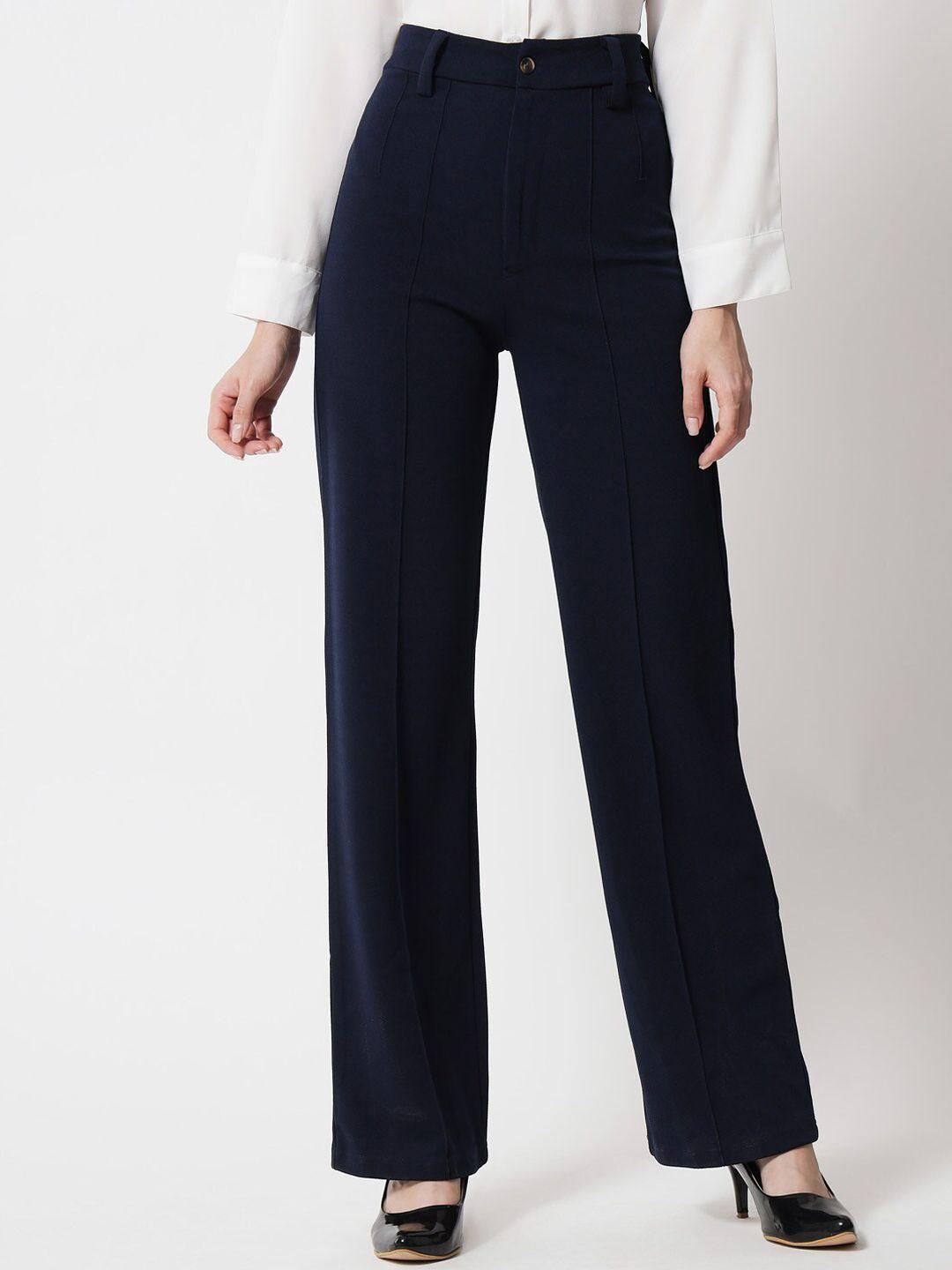 Kotty Women Navy Blue Relaxed Straight Fit High-Rise Pleated Trouser
