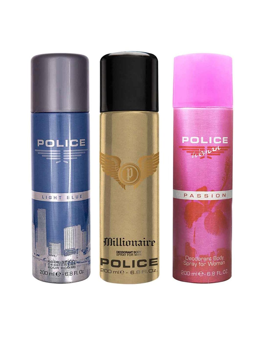 Police Men & Women Set of 3 Deodorants Light Blue Millionaire Passion 200ml each