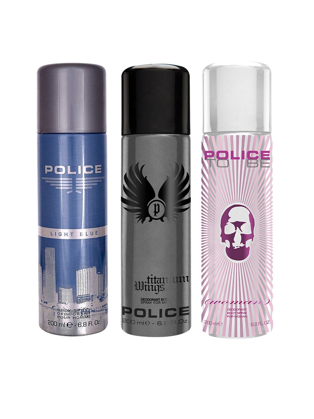 Police Set of 3 Men & Women Deodorant-Light Blue + Wings Titanium + To Be Woman-200ml each