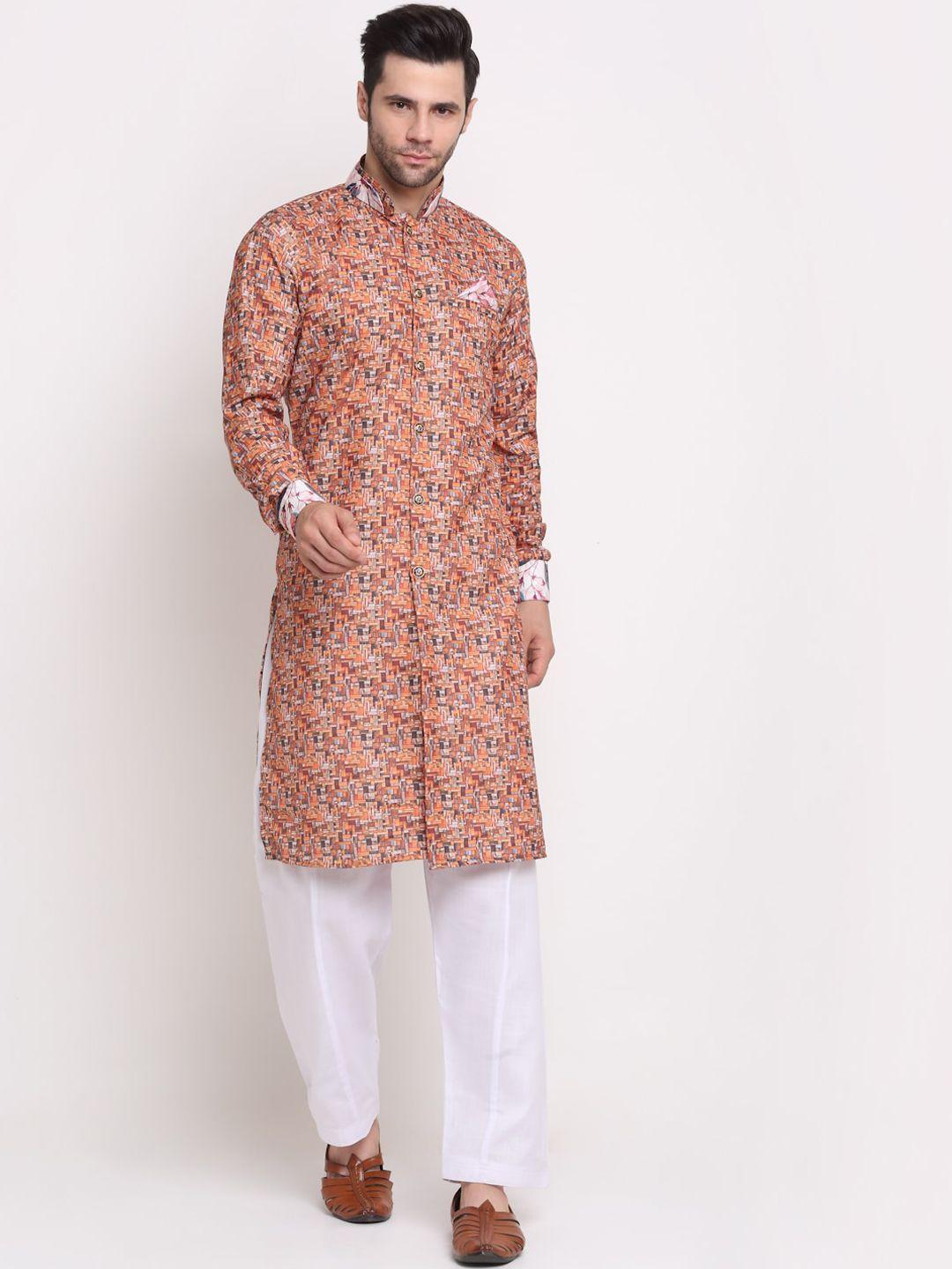 benstoke-men-brown-&-orange-printed-sherwani-set