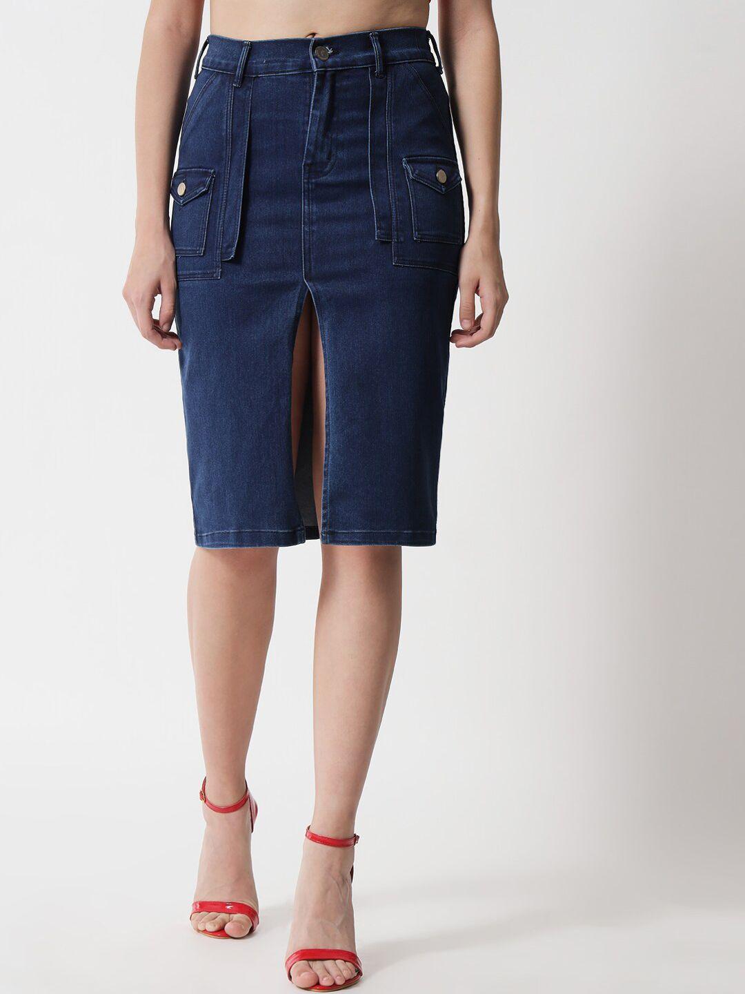the-dry-state-women-blue-solid-pure-cotton-denim-skirts