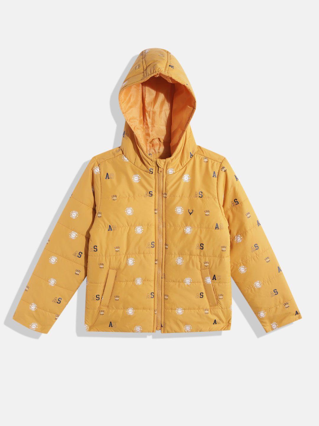 Allen Solly Junior Boys Yellow & White Brand Logo Printed Hooded Padded Jacket
