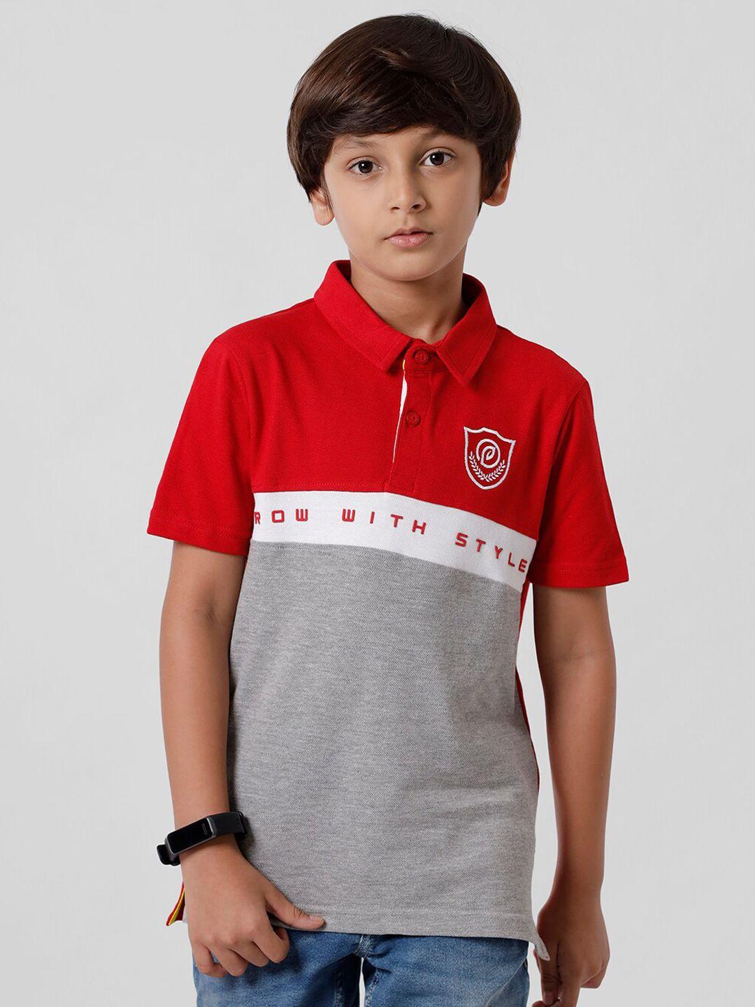 PIPIN Boys Red Typography Printed Polo Collar Applique T-shirt