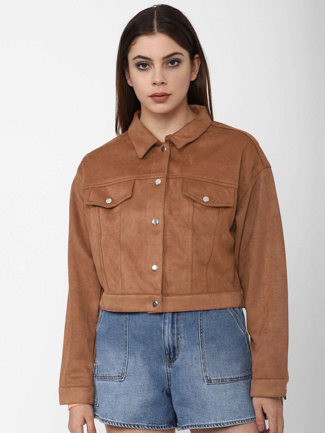 FOREVER 21 Women Brown Colourblocked Crop Denim Jacket