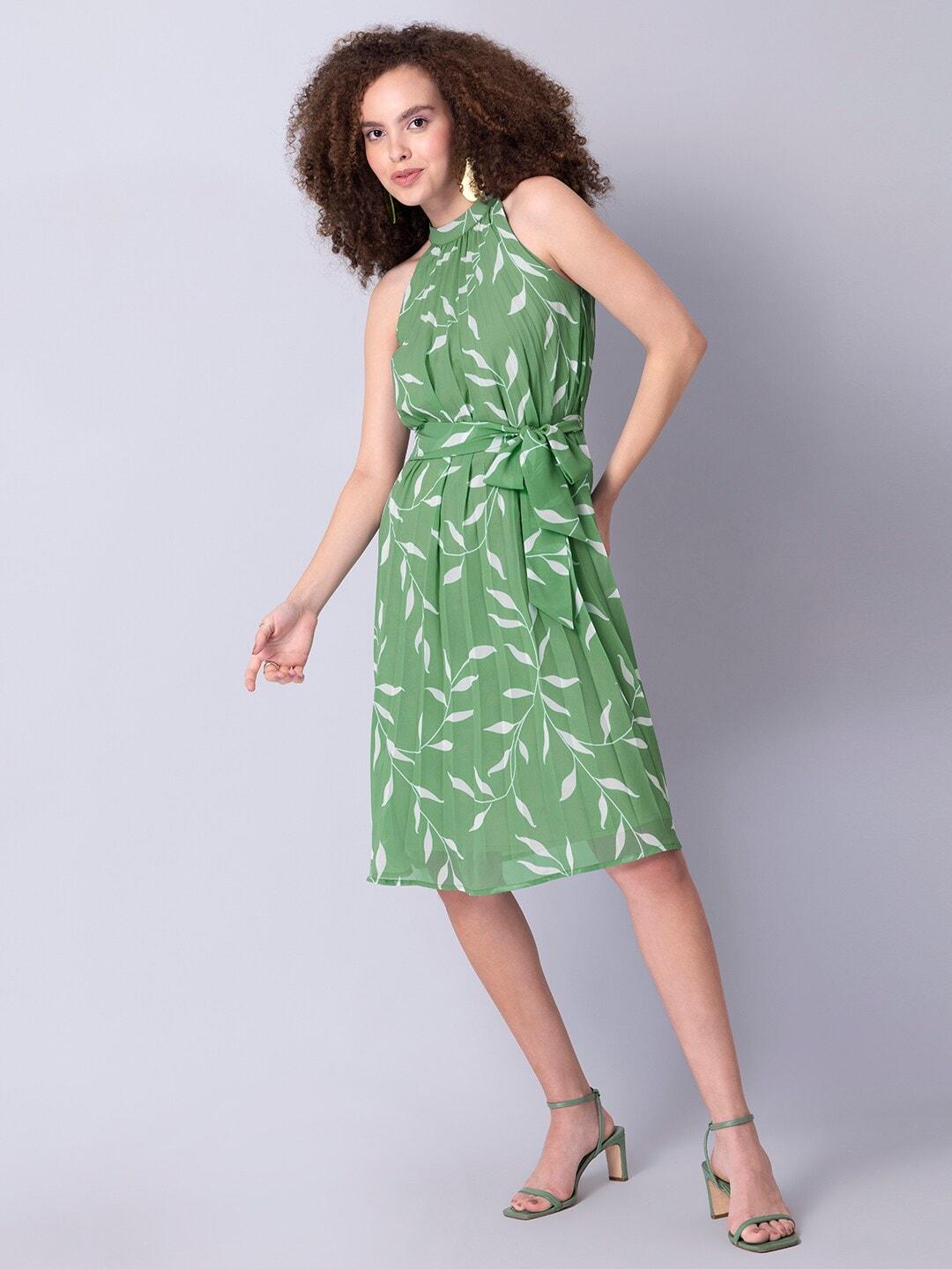 FabAlley Green & asparagus Tropical Halter Neck Georgette Blouson Dress