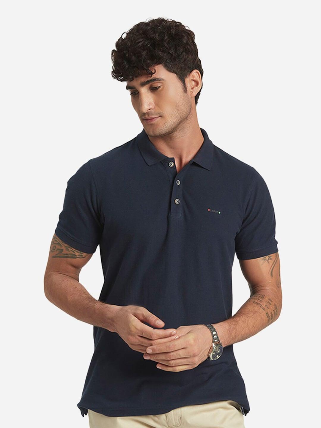 EDRIO Men Navy Blue & total eclipse Polo Collar Organic Cotton Applique T-shirt