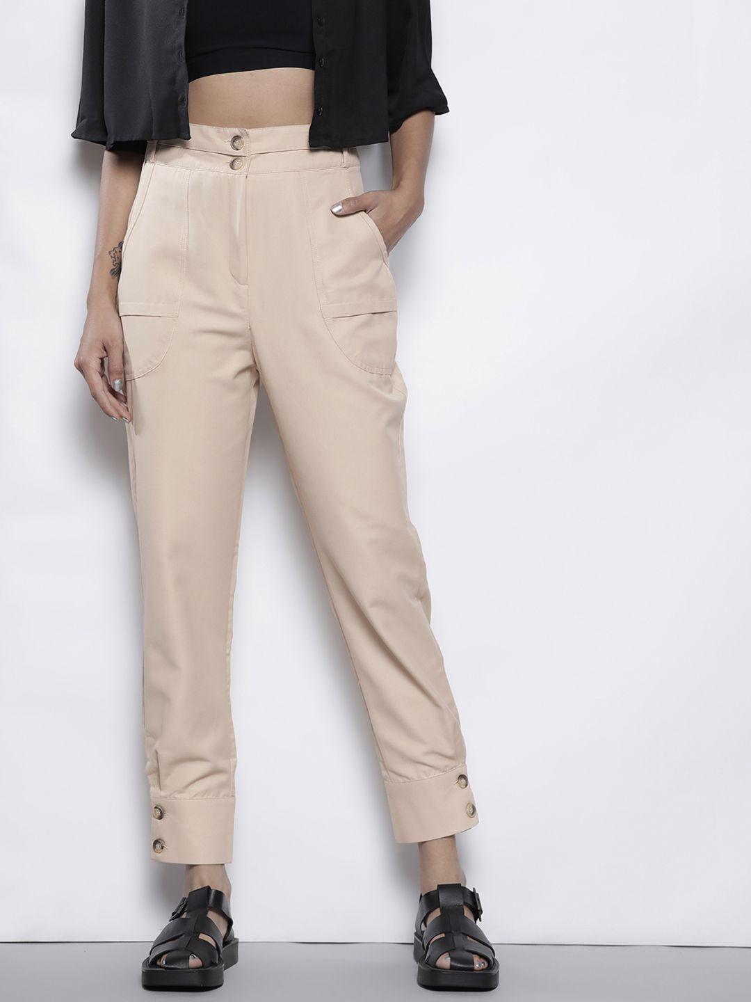 Trendyol Women Taupe Solid Slim Fit High-Rise Trousers