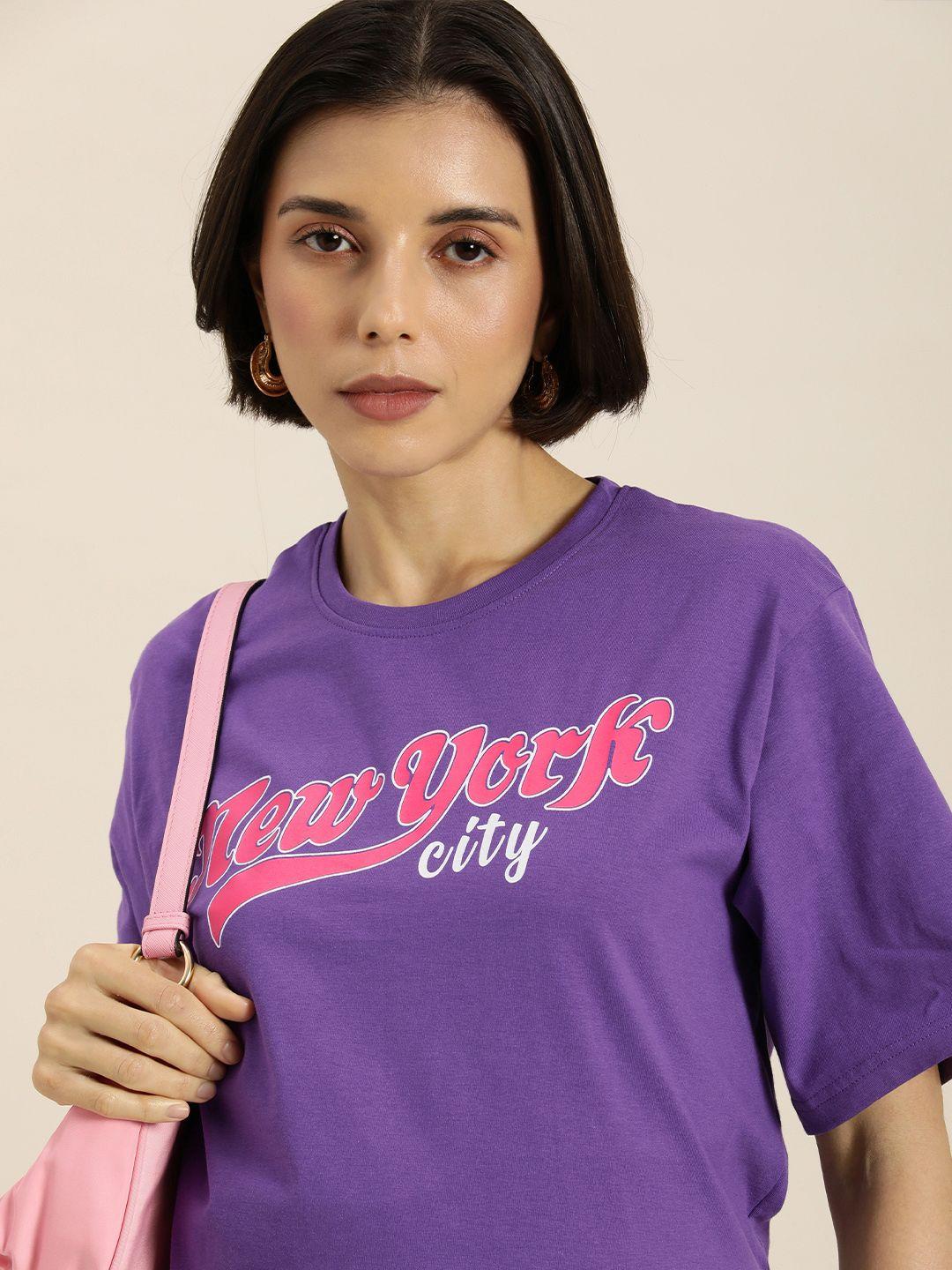 dillinger-women-purple-&-pink-typography-printed-pure-cotton-oversized-t-shirt
