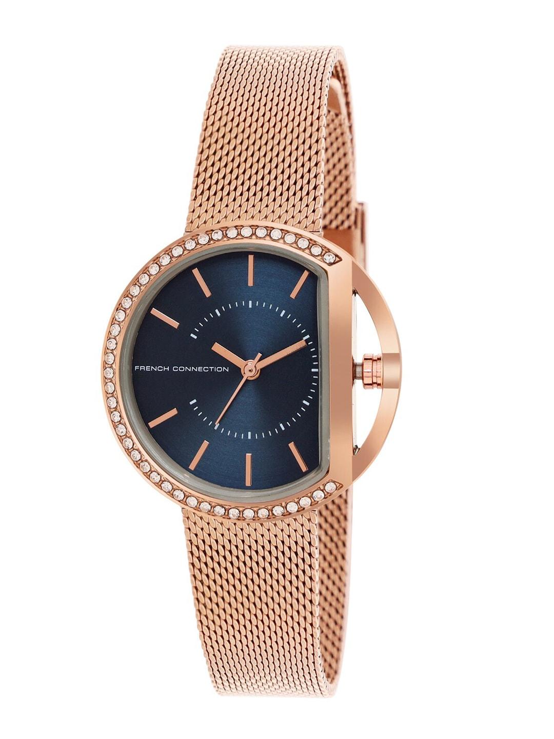 French Connection Women Blue Dial & Rose Gold Toned Stainless Steel Bracelet Style Straps Analogue Watch