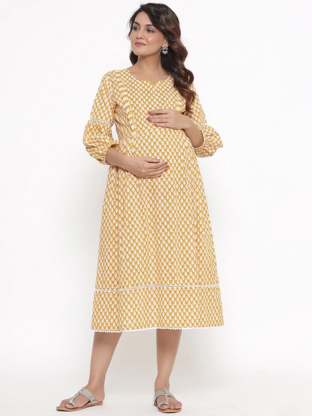 ikk-kudi-by-seerat-yellow-&-shell-ethnic-motifs-maternity-a-line-midi-dress
