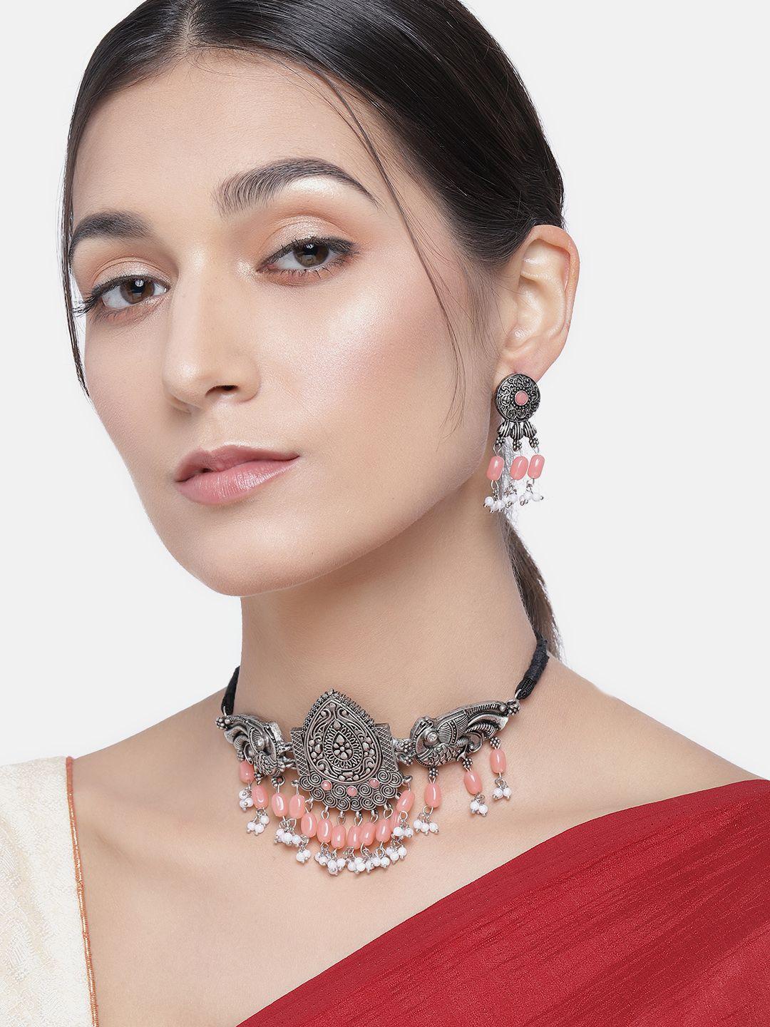 Kord Store Coral Pink Silver-Plated Oxidized Peacock Shaped Beaded Jewellery Set