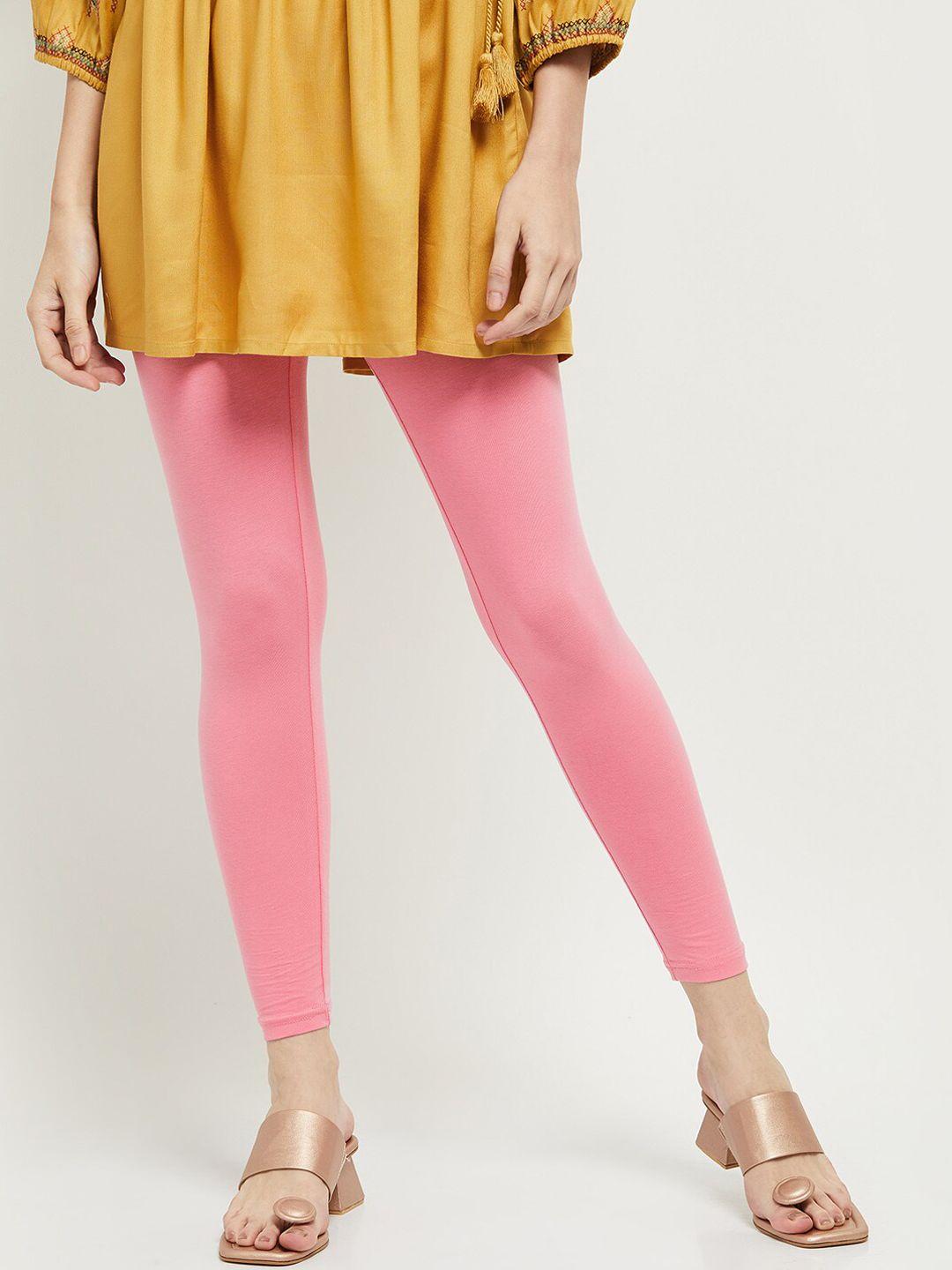 max-women-pink-solid-cotton-leggings