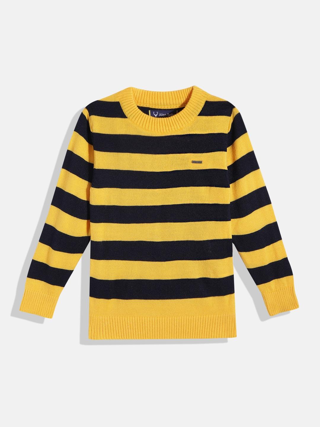 Allen Solly Junior Boys Mustard Yellow & Navy Blue Striped Pullover