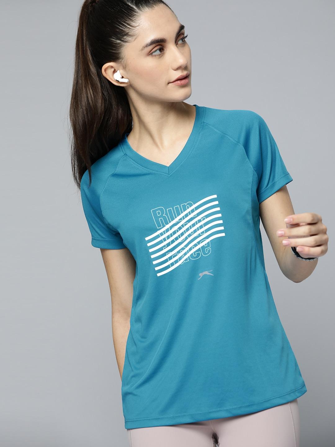 Slazenger Women Teal Blue & White Striped Running T-shirt with Reflective Detail