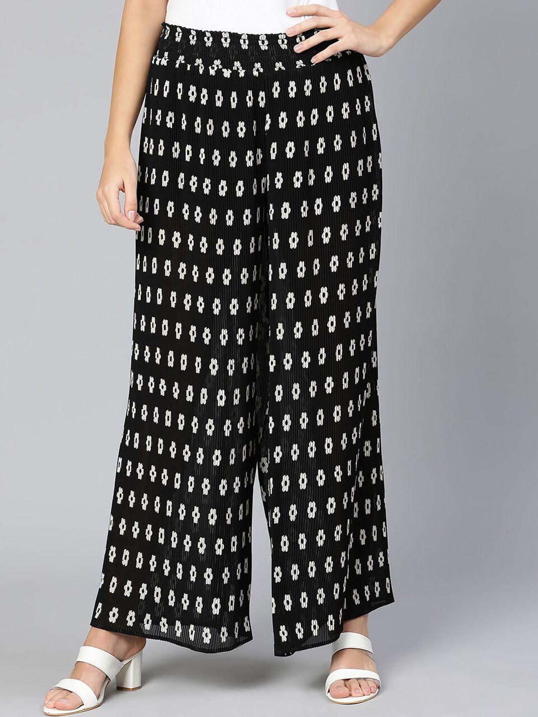 oxolloxo-women-black-printed-trousers